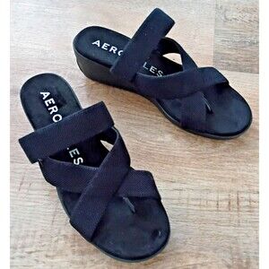 Aerosoles black Ilona Women's Wedge Strappy Cushioned Footbed Sandal 9 Worn Once